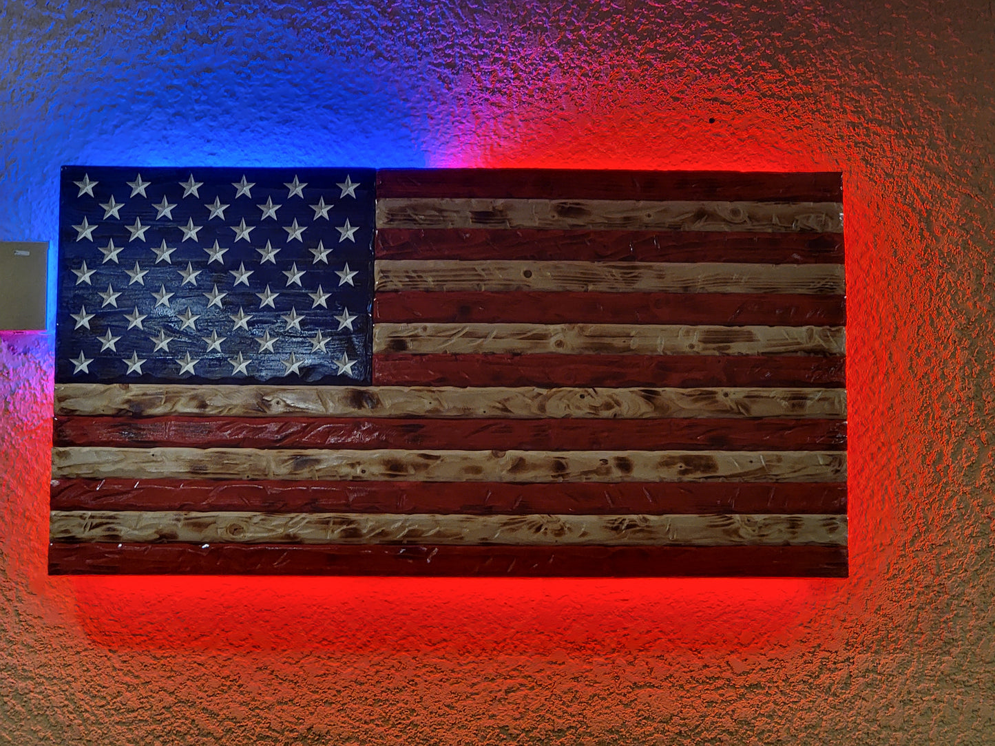 Handmade Rustic American Flag, Programmable Back Light, 47" x 25"