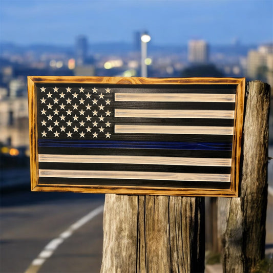 Rustic Framed Thin Blue Line Flag 24" x 13"